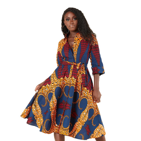 African Women's Long Sleeve Printed Shirt Dress Ecstatic