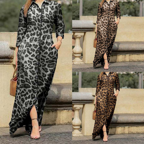Leopard Print Women's Long Sleeve  Dress Ecstatic