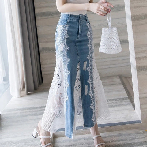 Maxi denim and lace fishtail skirt Ecstatic