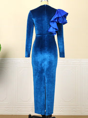 Velvet Fashion Ruffles Sheath Midi Length Evening Dress Ecstatic