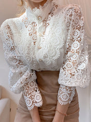 Fashion White Lace Blouse Long Sleeve Ecstatic