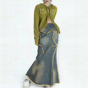 Women's Asymmetrical Vintage Star Denim Long Skirt Ecstatic