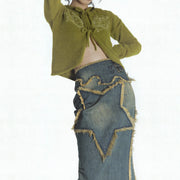 Women's Asymmetrical Vintage Star Denim Long Skirt Ecstatic
