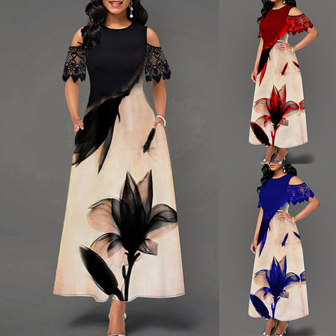 Women's Printed Lace Stitching Long Dress Ecstatic